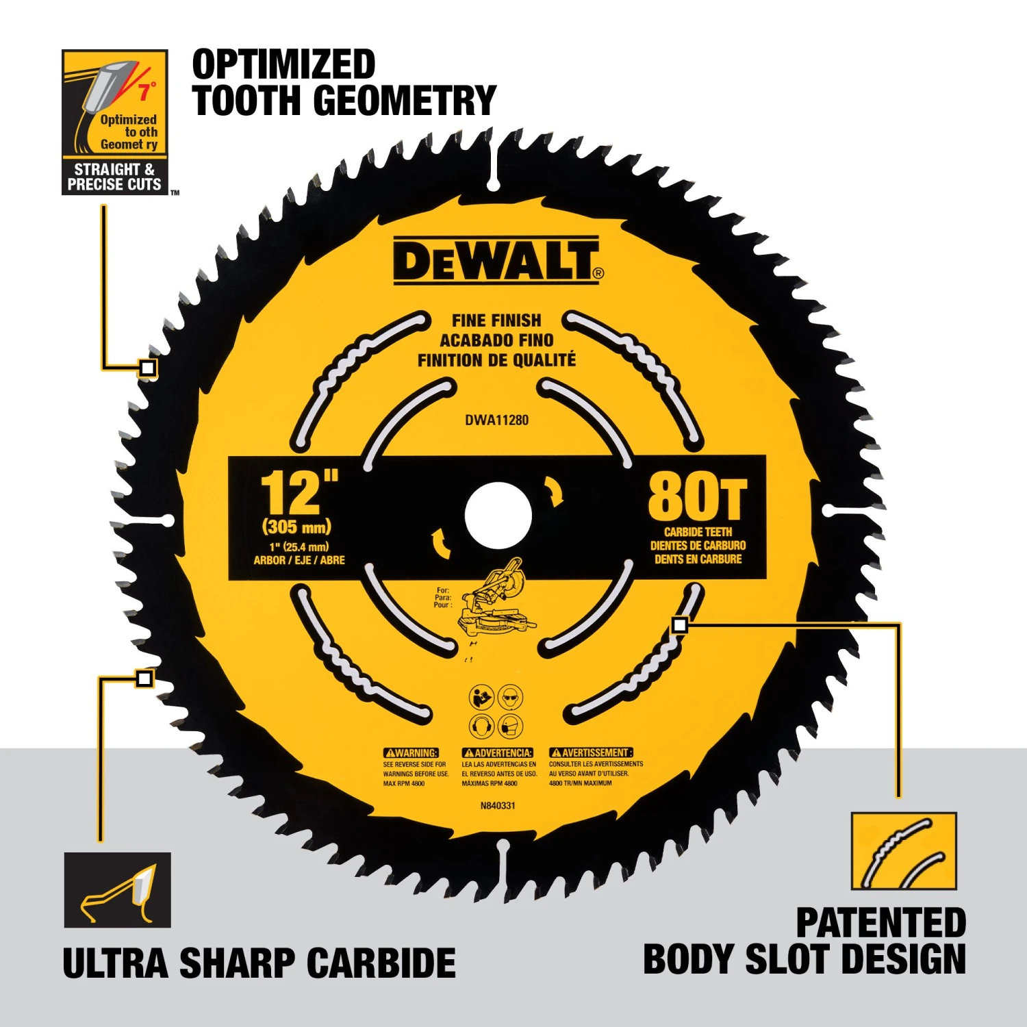 DEWALT Large Diameter Saw Blades 12-in 80 -Tooth Fine Finish Tungsten Carbide-tipped Steel Miter Saw Blade Individual 3 DEWALT Large Diameter Saw Blades 12-in 80 -Tooth Fine Finish Tungsten Carbide-tipped Steel Miter Saw Blade Individual - Image 3