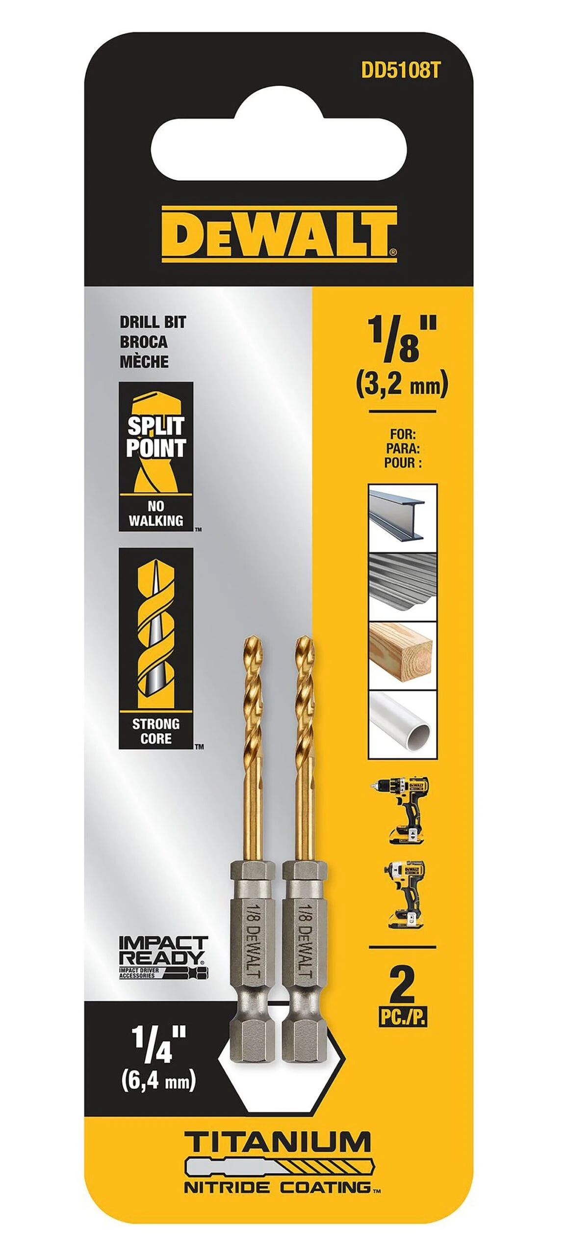 DEWALT 2 -Piece 1/8-in X 2-5/8-in Titanium Nitride Coated HSS Jobber Length Twist Drill Bit 2 DEWALT 2 -Piece 1/8-in X 2-5/8-in Titanium Nitride Coated HSS Jobber Length Twist Drill Bit - Image 2