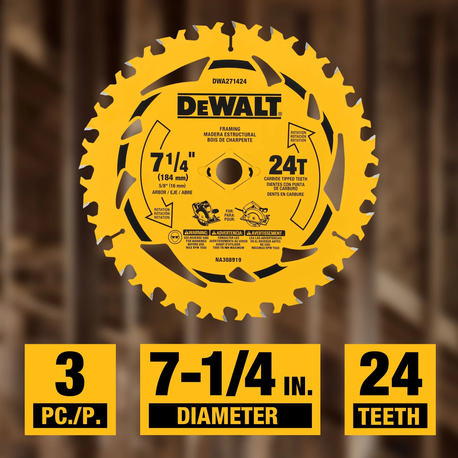 DEWALT 7-1/4-in 24 -Tooth Rough Finish Tungsten Carbide-tipped Steel Circular Saw Blade Set 3 -Pack 3 DEWALT 7-1/4-in 24 -Tooth Rough Finish Tungsten Carbide-tipped Steel Circular Saw Blade Set 3 -Pack - Image 3