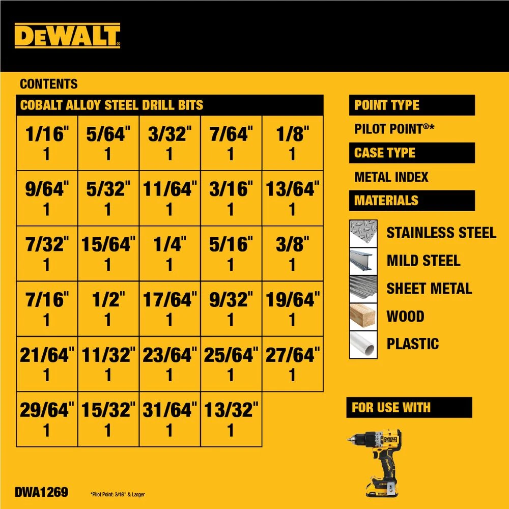 DEWALT 14 -Piece Assorted X Cobalt Alloy Steel Jobber Length Twist Drill Bit Set 2 DEWALT 14 -Piece Assorted X Cobalt Alloy Steel Jobber Length Twist Drill Bit Set - Image 2