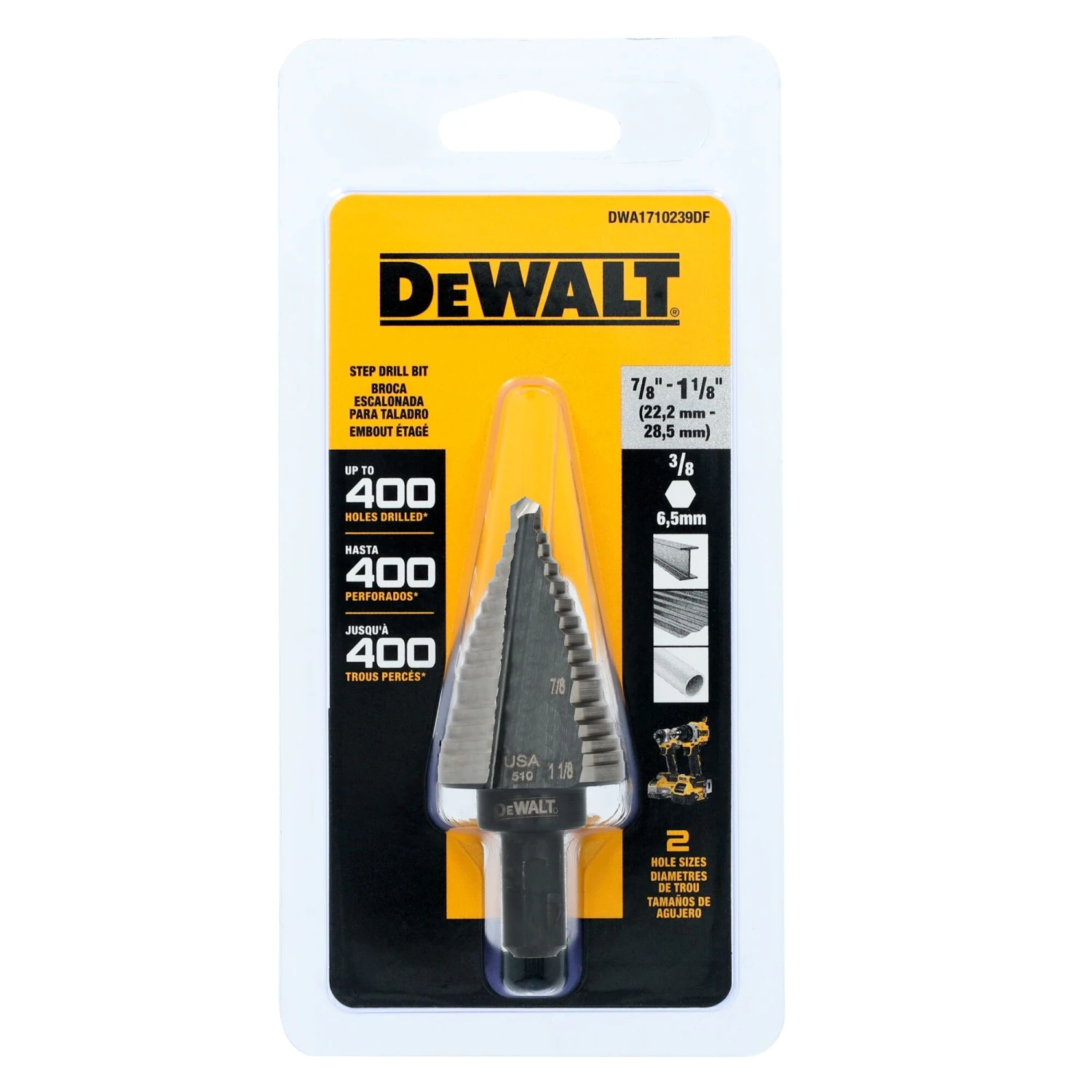 DEWALT 1/4-in 2 -Step Drill Bit ( 7/8-in To 1-1/8-in ) 5 DEWALT 1/4-in 2 -Step Drill Bit ( 7/8-in To 1-1/8-in ) - Image 5